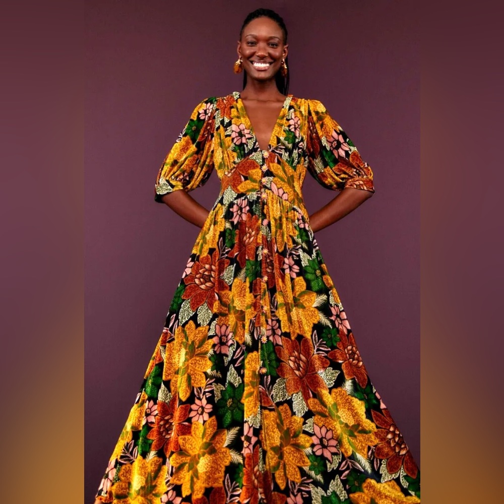 Farm Rio Black Garden Velvet Midi Dress